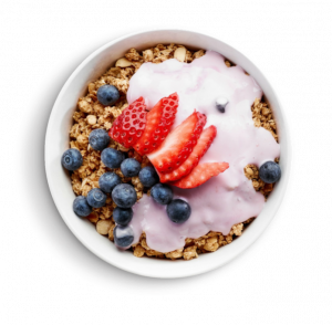 A bowl of granola, yogurt and fruits