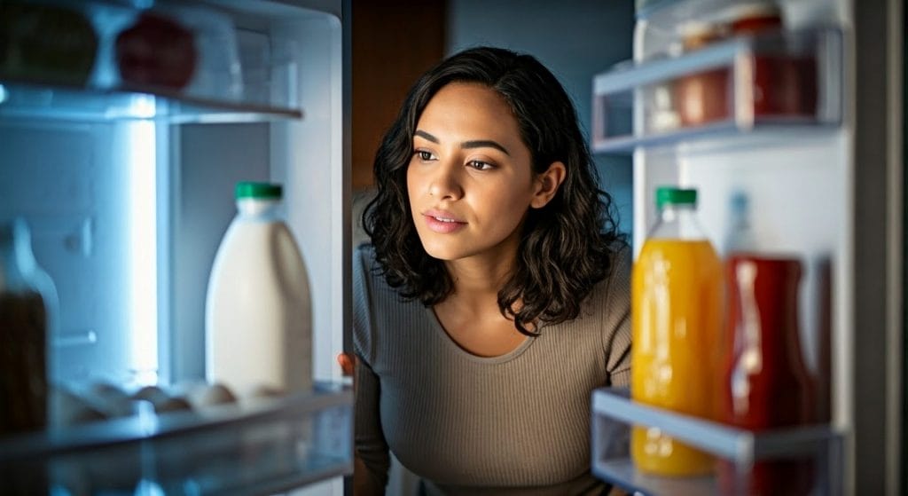 A woman looking inside her fridge
