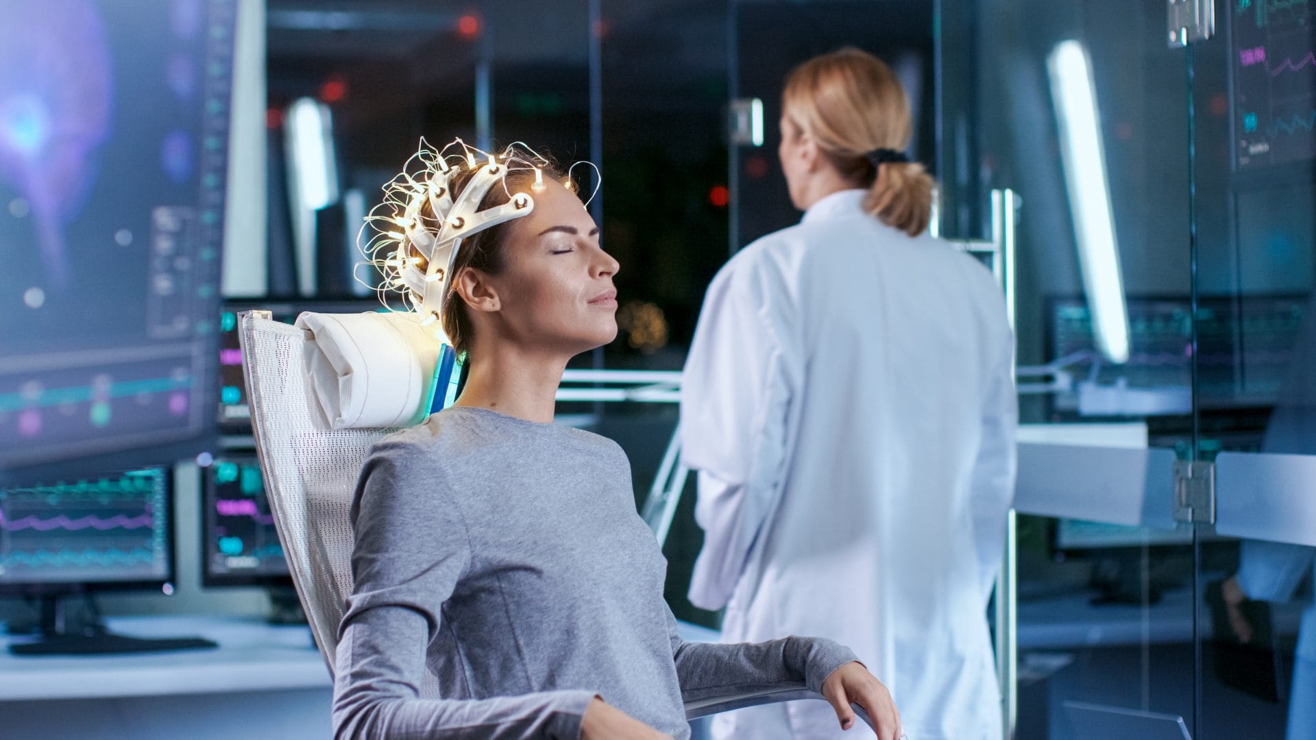 A woman wearing a high-tech helmet