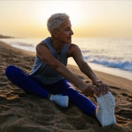 An elderly woman stretching in the beach