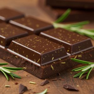 Chocolate bar with rosemary infused (rosemary pieces in it) and rosemary dispersed around the chocolate, all sitting on a wooden table.