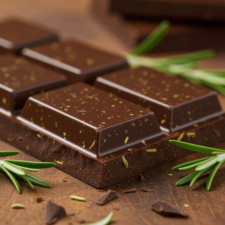 Chocolate bar with rosemary infused (rosemary pieces in it) and rosemary dispersed around the chocolate, all sitting on a wooden table.
