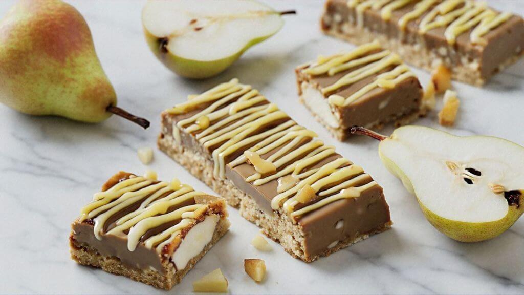 Pear-flavored protein bars with chocolate and a green pear drizzle on top. Some bars are whole, and some are split in half. They're sitting on a light gray table, and there are whole pears and halved pears around the protein bars.