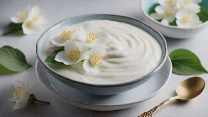 White yogurt in a white bowl on a white table. White jasmine flowers and leaves are spread out around the bowl, and some jasmine flowers are on top of the yogurt. A gold spoon sits next to the bowl.