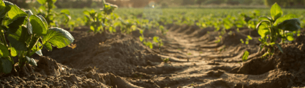 Young green plants growing in rows in freshly tilled soil, representing sustainable agricultural practices.