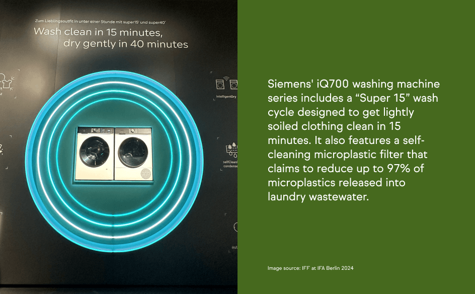 A Siemens iQ700 washing machine with a circular neon light, promoting a 15-minute wash cycle and microplastic filtration.