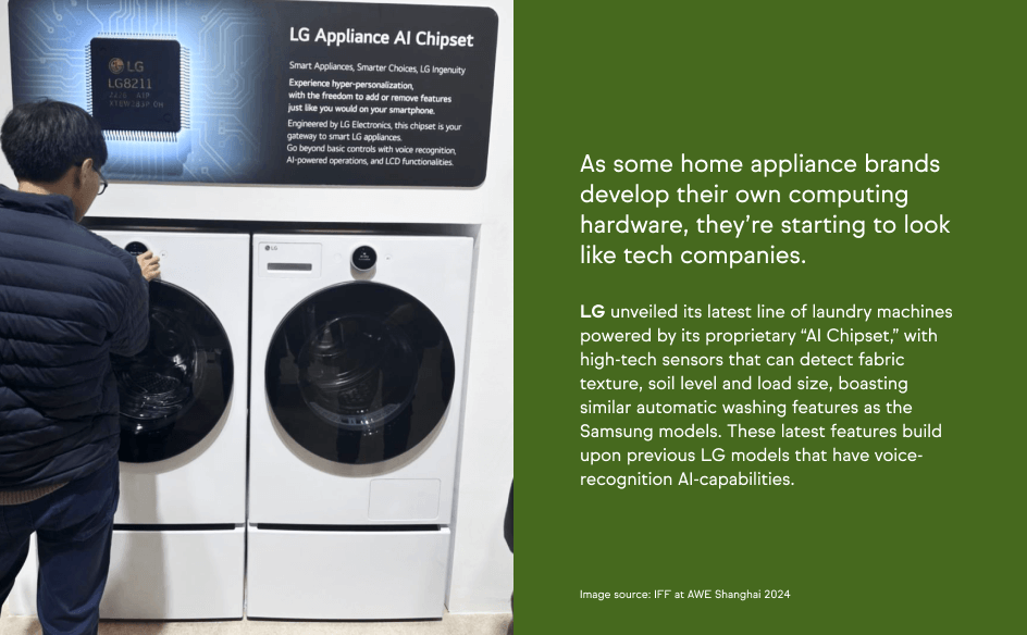A person interacting with LG washer and dryer units beneath a display labeled “LG Appliance AI Chipset,” highlighting advanced sensor and AI capabilities.