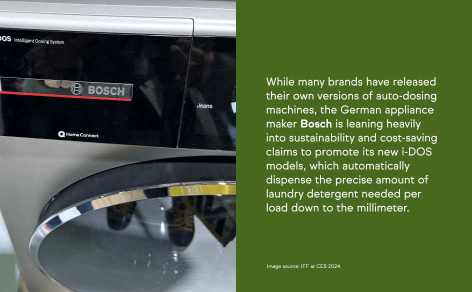 Close-up of a Bosch i-DOS washing machine with accompanying text highlighting its precision auto-dosing and sustainability focus.