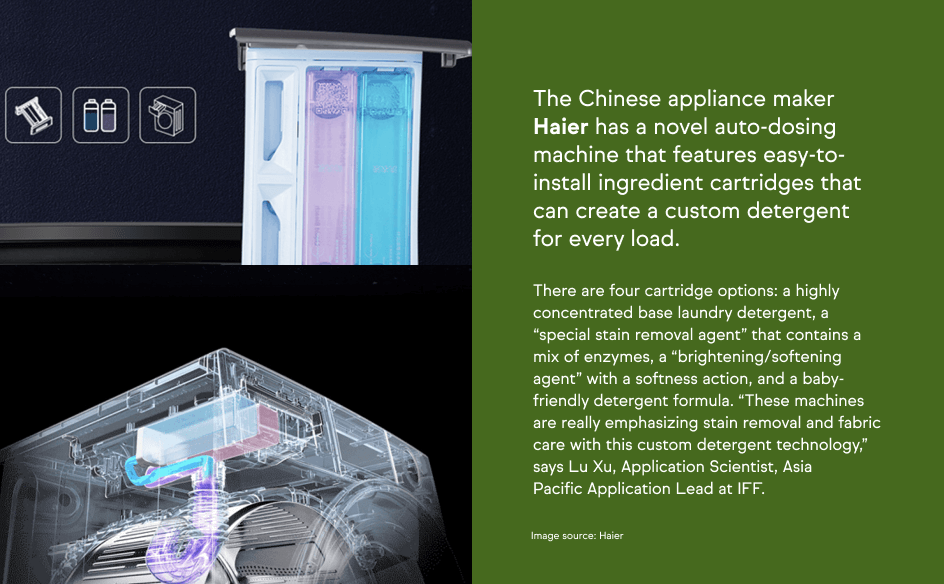 Haier’s auto-dosing washing machine with four customizable detergent cartridges designed for stain removal, fabric care, and baby-safe cleaning.
