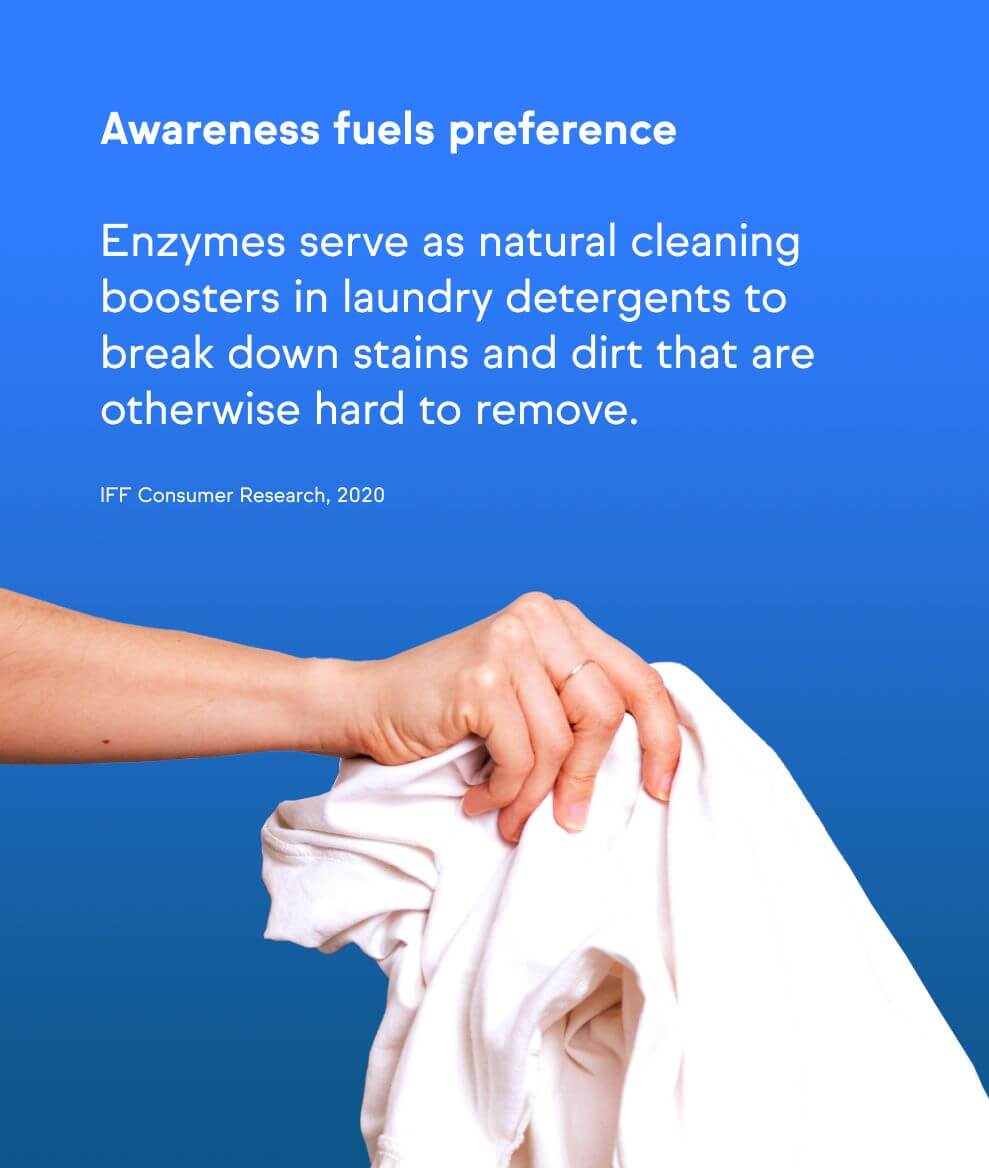 A hand holding a piece of white cloth against a blue background, with text explaining the role of enzymes in laundry detergents.