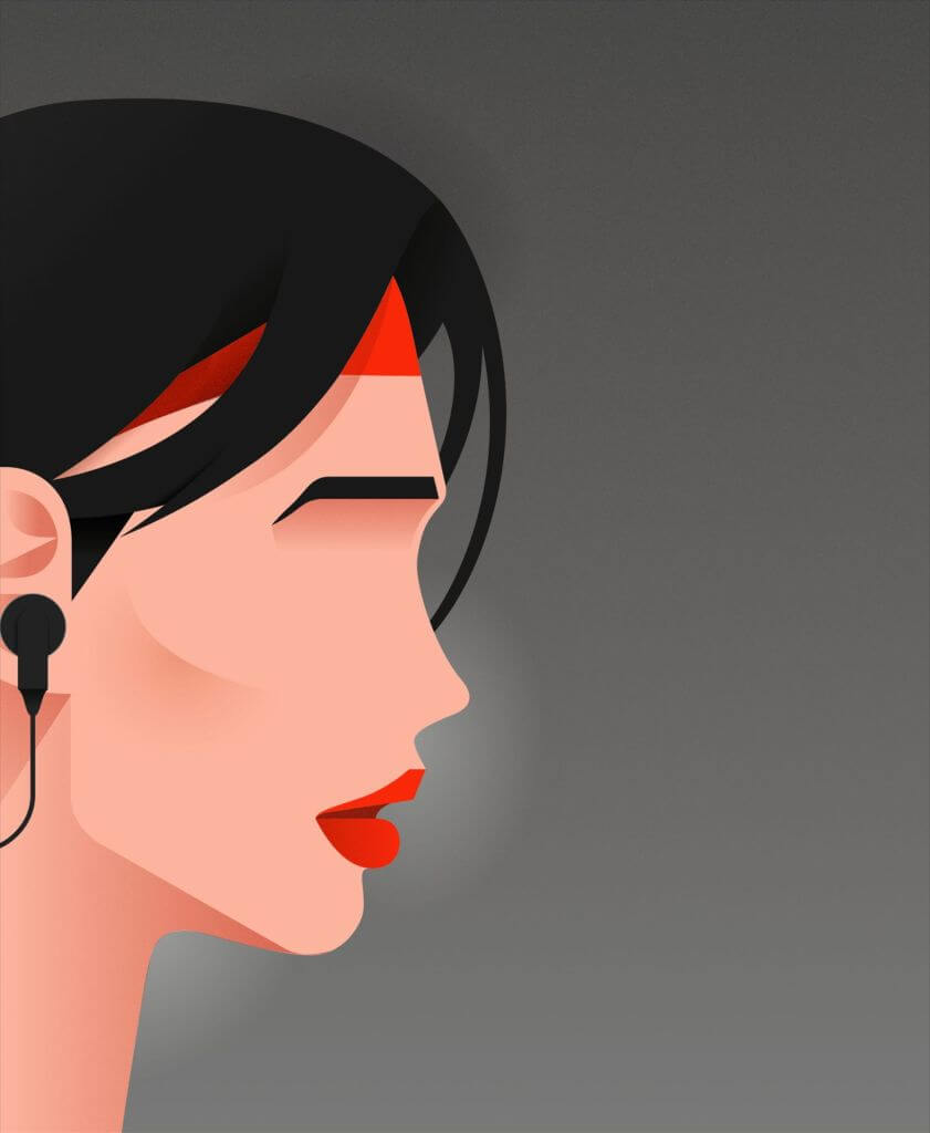 A stylized side profile illustration of a person with black hair, wearing earphones, and a red headband.