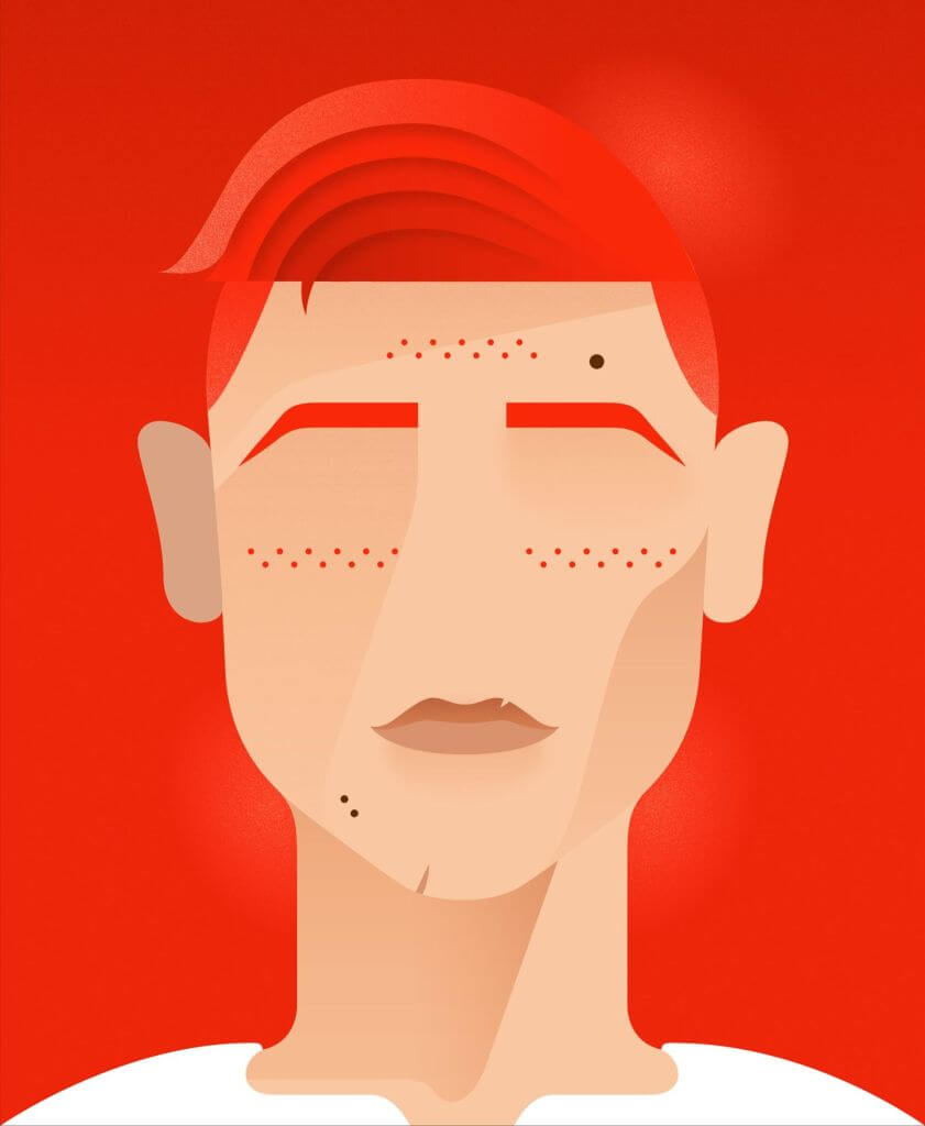 A stylized illustration of a person's face with red hair and a red background. The person has freckles on the forehead and cheeks, two moles on the left side of the face, and is wearing a white shirt.