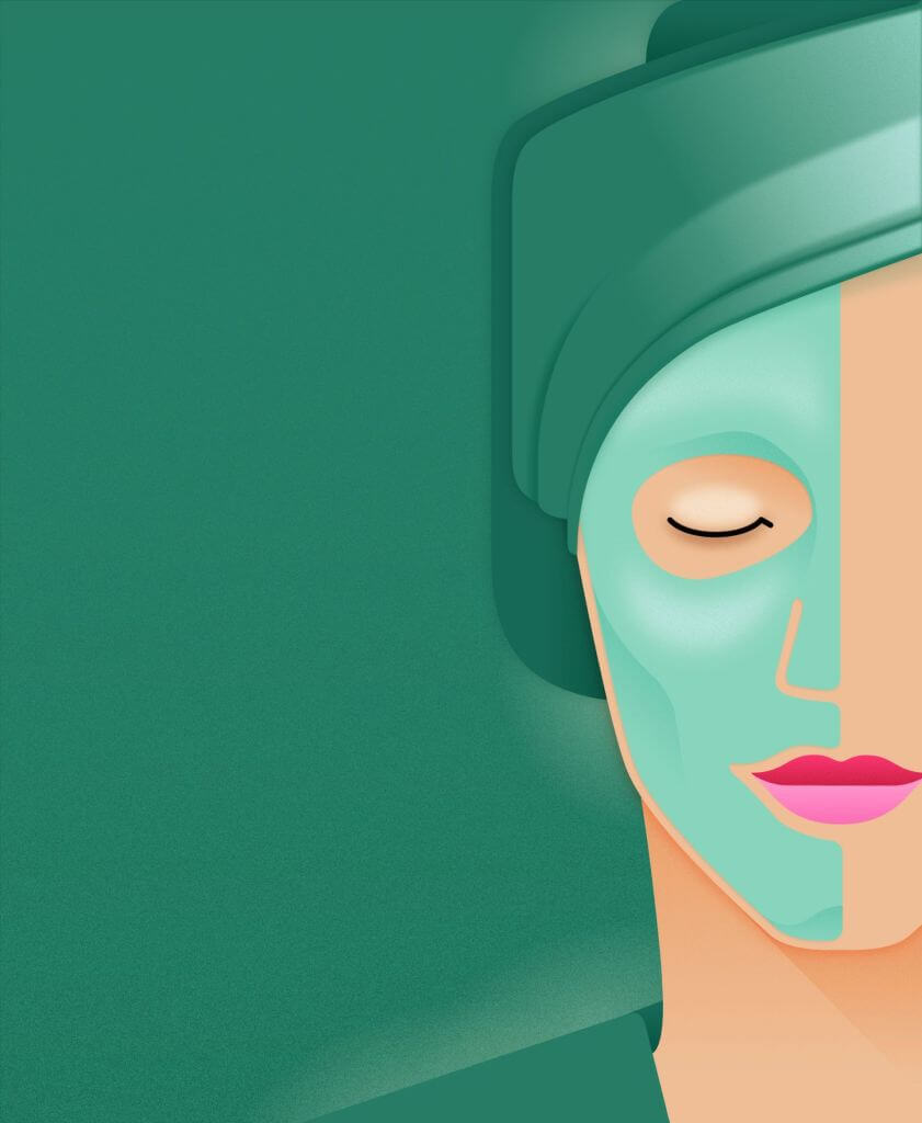 A stylized illustration of a person with a green facial mask and a green towel wrapped around the head, with eyes closed and lips painted pink.
