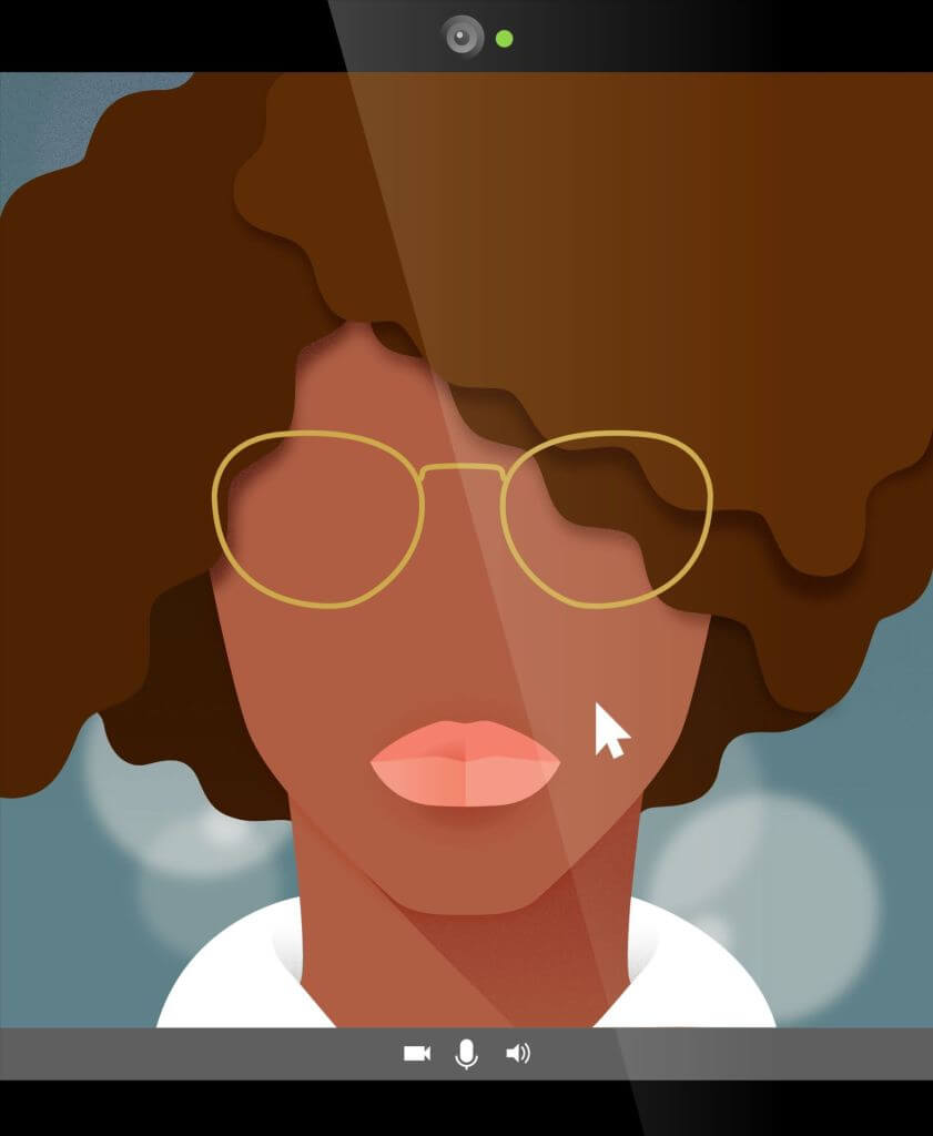 Illustration of a person with brown skin and large curly hair, wearing gold-rimmed glasses and a white shirt, viewed through a video call interface