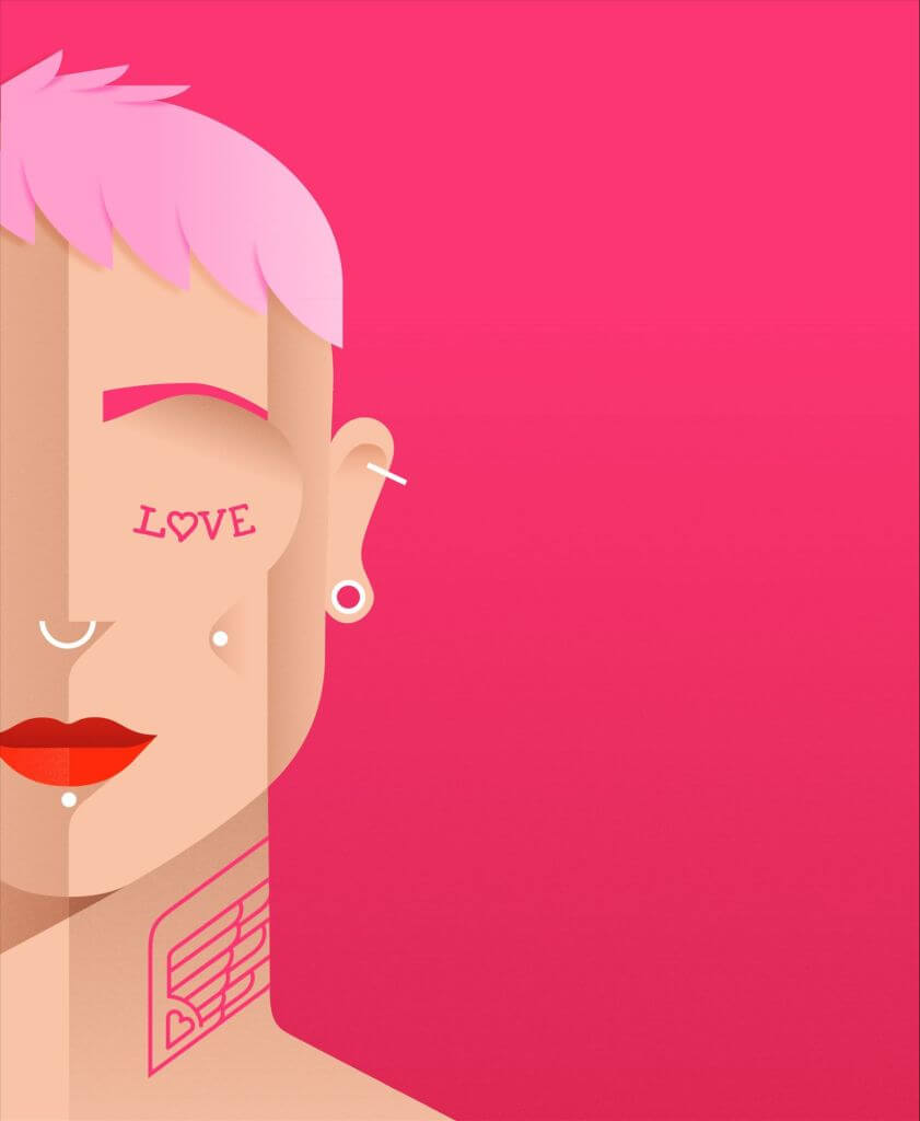 A stylized illustration of a person's face with pink hair, pink eyebrows, and red lipstick. The person has a tattoo on the neck, piercings in the ear and nose, and the word 
