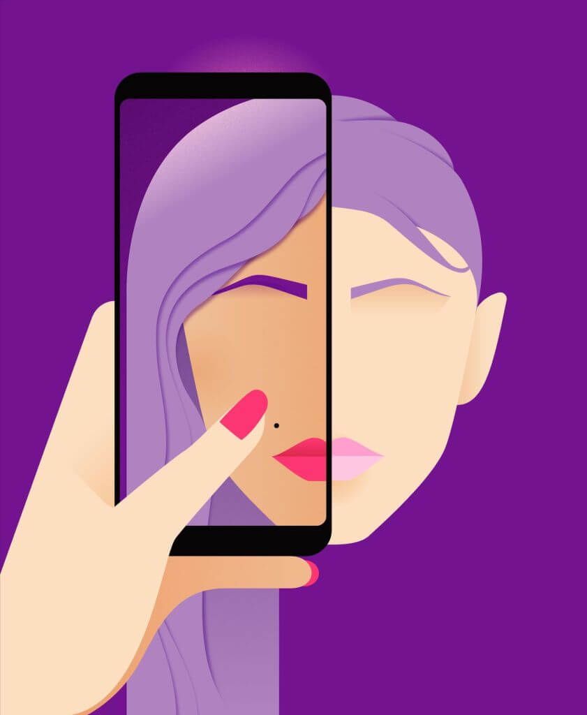 An illustration of a hand holding a smartphone in front of a woman's face, with the phone screen showing an enhanced version of her face.