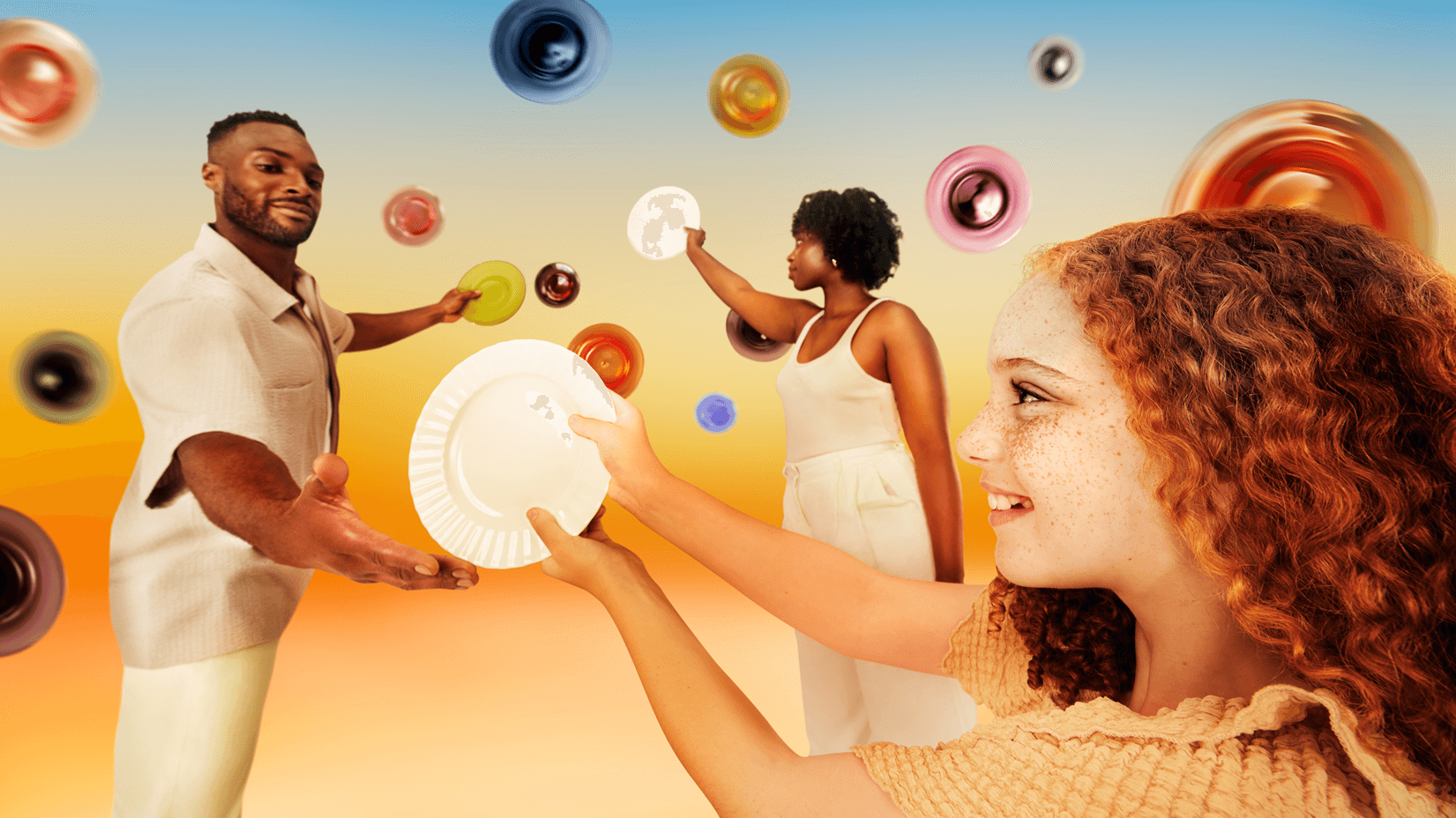Three people passing white plates with colorful circles floating around them, symbolizing collaboration and innovation.