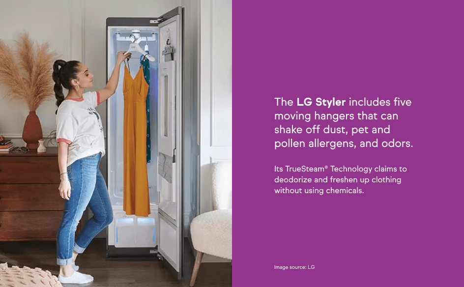 A person using an LG Styler to place or remove a yellow dress, highlighting its steam-based clothing care features.