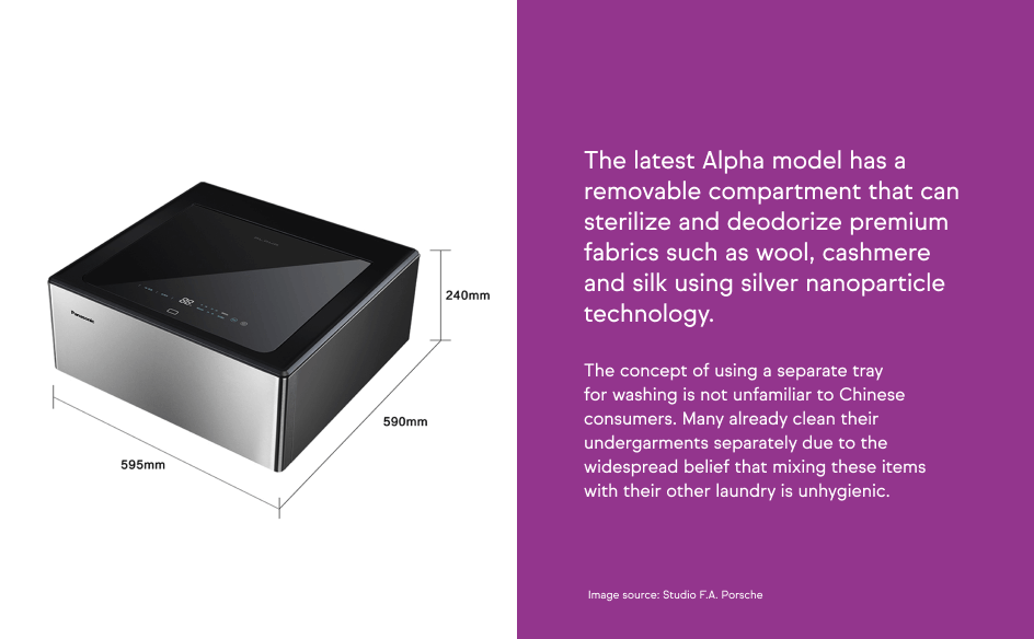 A sleek rectangular laundry device with labeled dimensions and a removable compartment designed for sterilizing and deodorizing premium fabrics using silver nanoparticle technology.