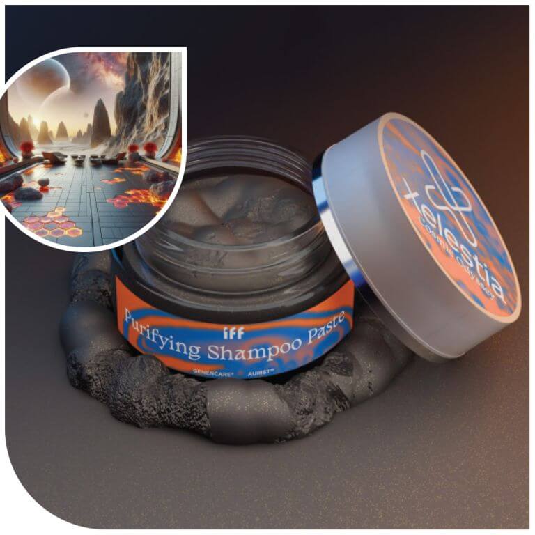 A jar of purifying shampoo paste with the lid off, placed on a dark surface. The label reads 