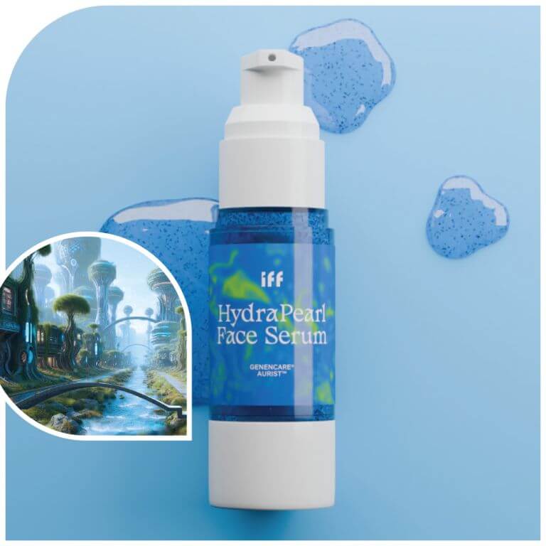 A bottle of IFF HydraPearl Face Serum with a futuristic cityscape inset.