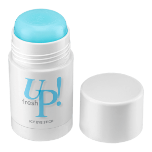 A cylindrical container with a blue icy eye stick and a white cap placed beside it. The container has the text Fresh Up! ICY EYE STICK