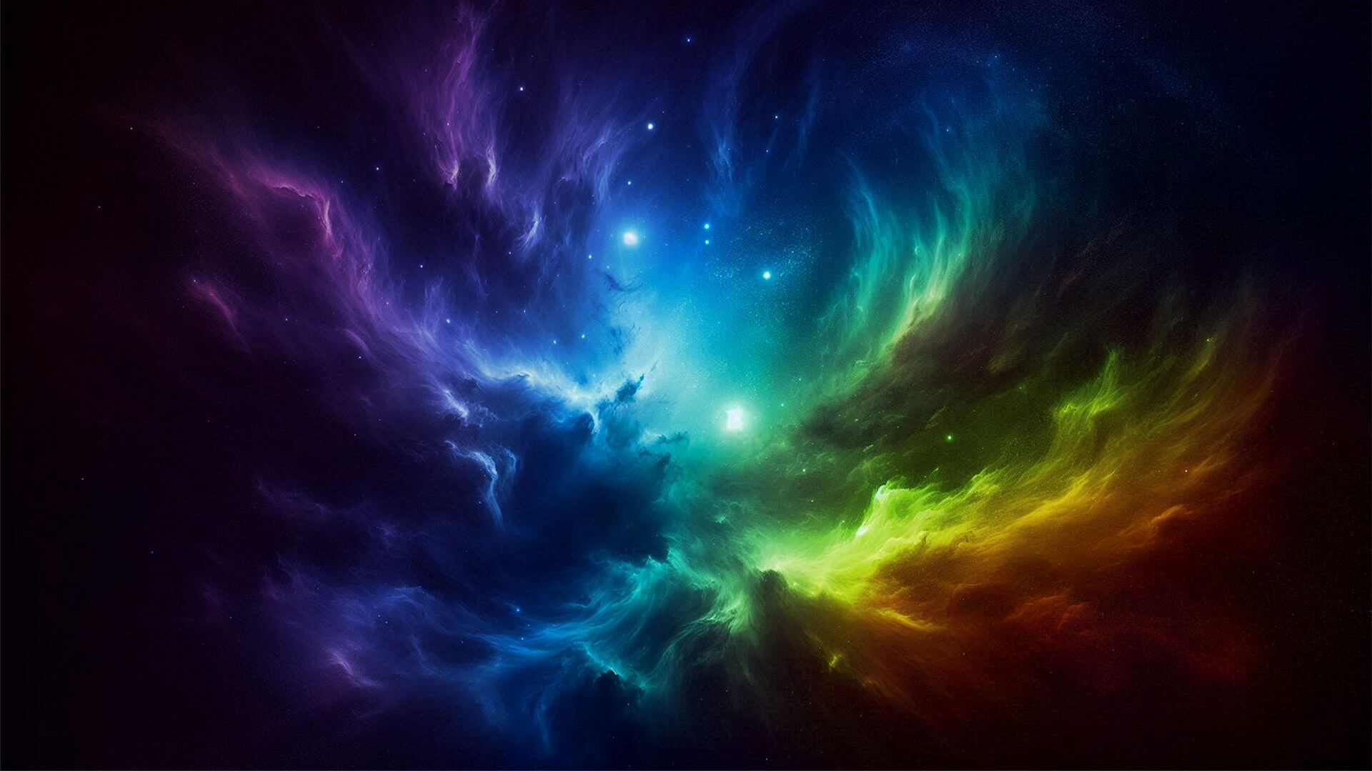 A vibrant, colorful nebula with swirling clouds of gas and dust in space, featuring shades of purple, blue, green, and yellow.