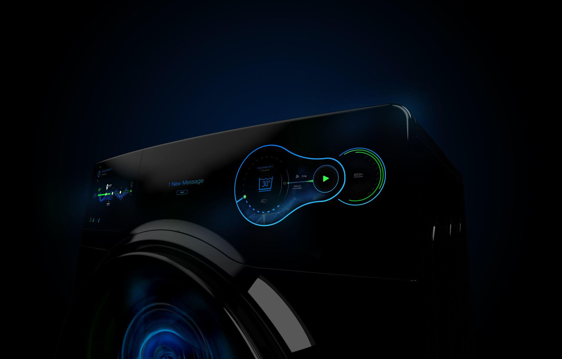 A futuristic washing machine with a sleek, dark design and illuminated control panel, symbolizing AI-driven laundry technology.