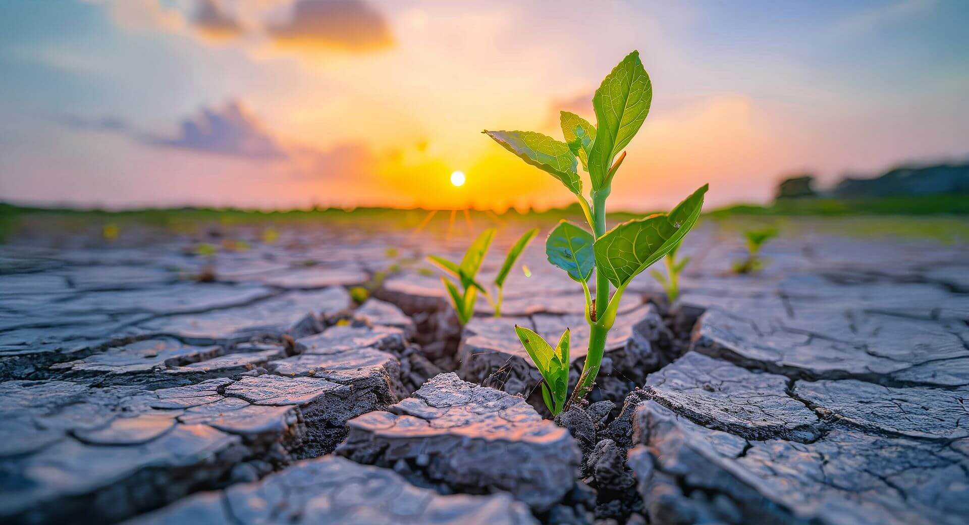 Green sprout growing from cracked ground with a sunrise and clouds in the distance.