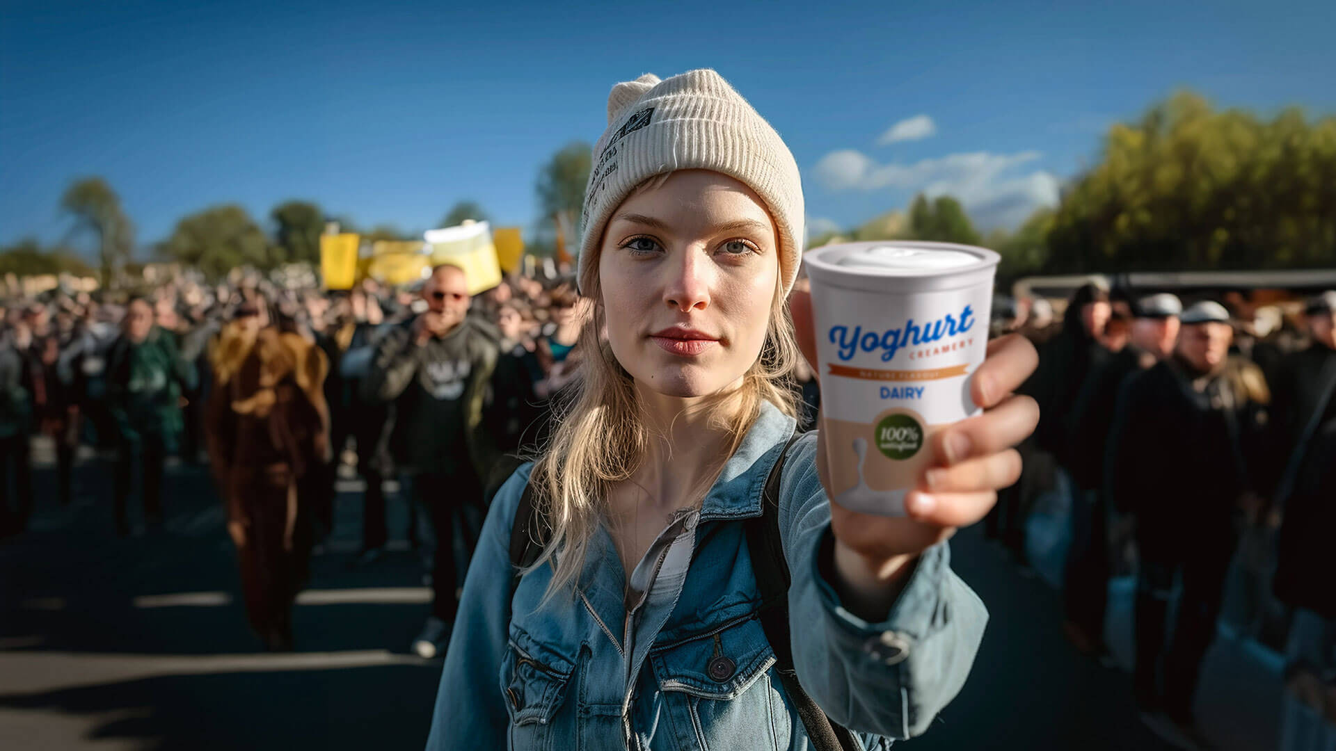 Lady holding up a cup of yogurt in a crowd
