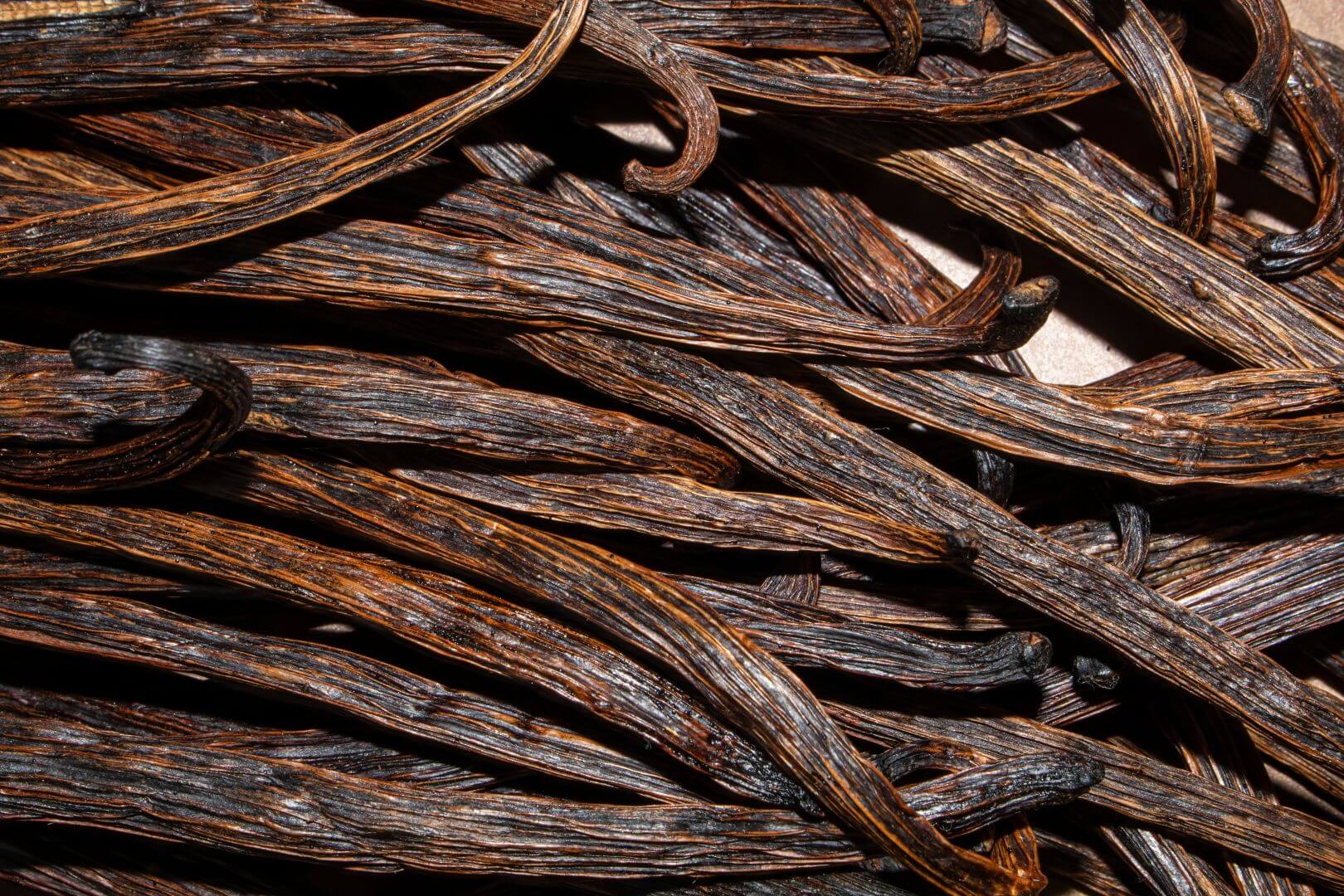 Macro image of multiple vanilla beans, scattered and lying across each other, to be used in vanilla flavor design