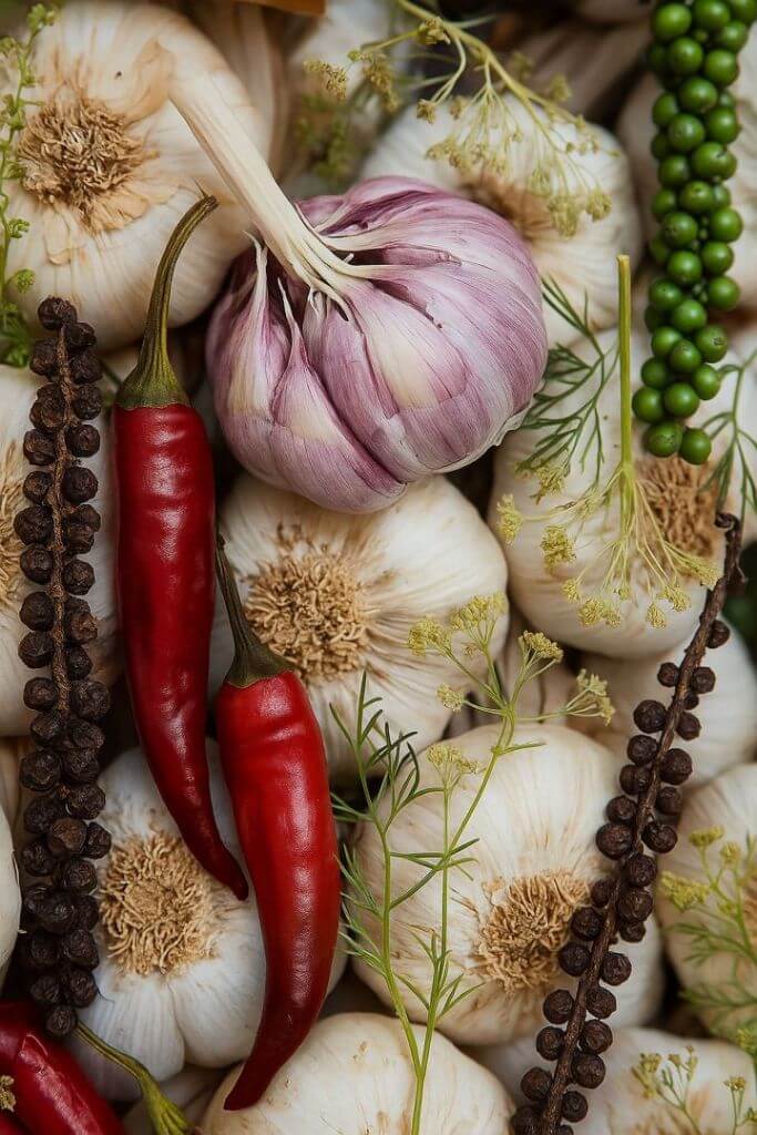 Garlic bulbs, chili peppers, black pepper and other spices all lying on top of each other.