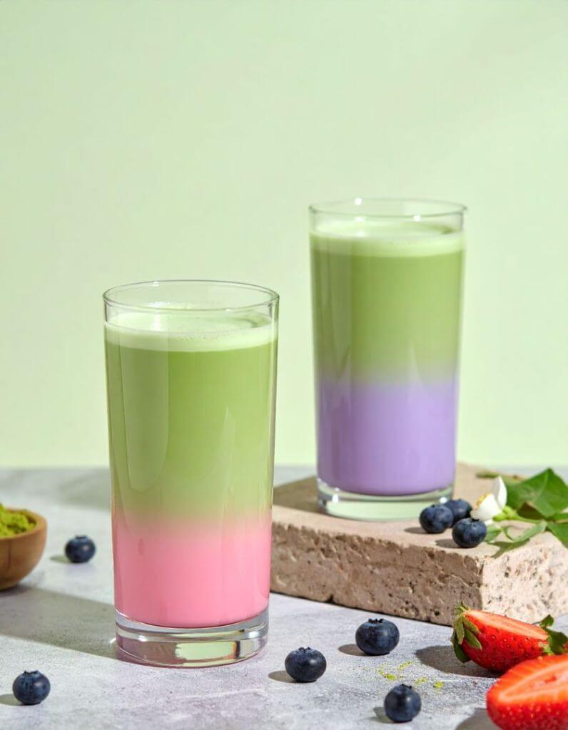 Two glasses of matcha beverages with different flavoring (strawberry and blueberry). beverages look pink and purple, respectively, below the green matcha color