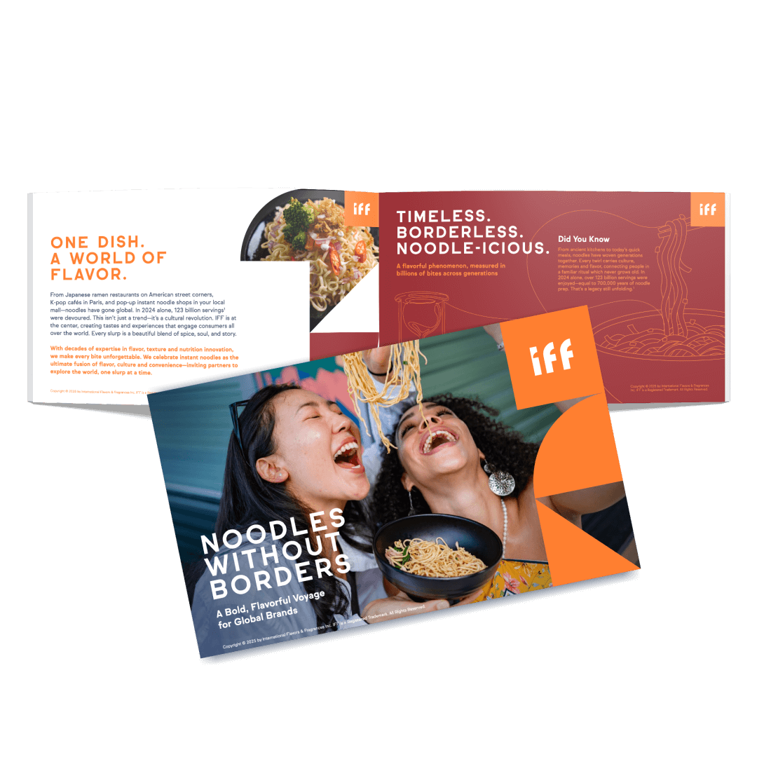 Image of the cover and an open spread of The Noodle Flavor Passport, a downloadable asset that covers noodle consumer insights, global flavors and more.