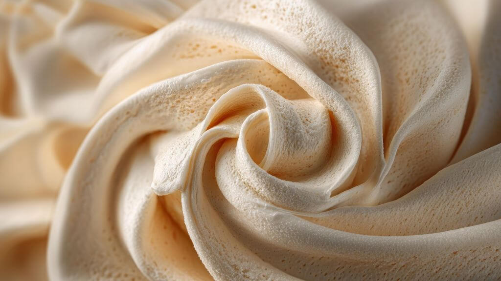 Close-up, macro shot of a giant bloom-like swirl of vanilla-flavored frozen yogurt