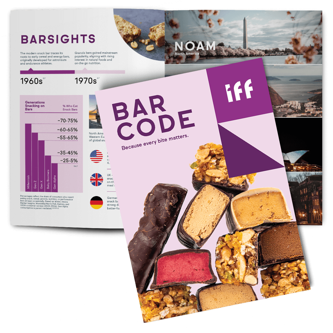 Image of the front cover and an open spread of the Bar Code, a downloadable report about a wide range of bar flavor solutions