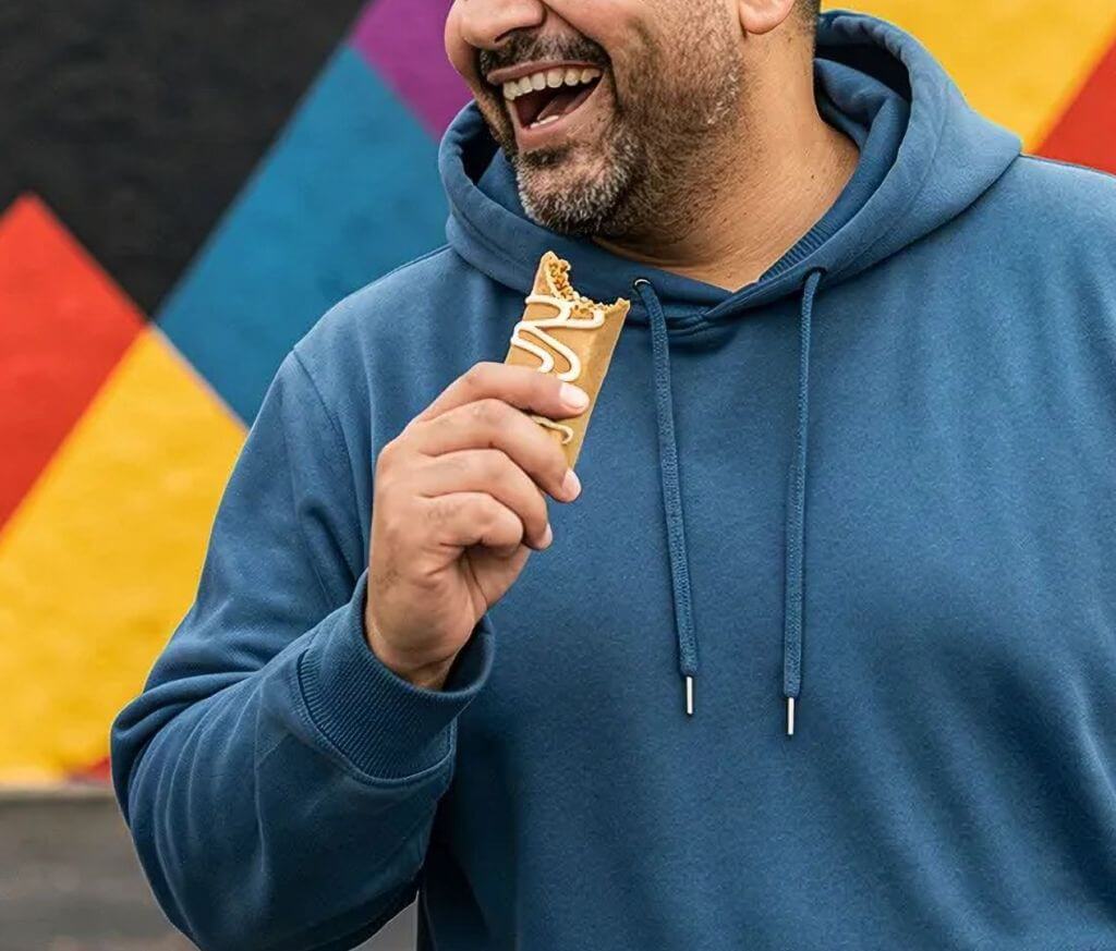 Picture of a GLP-1 consumer in a blue hoodie set against a bright neon and multicolored background outside. He's smiling and about to eat a snack bar with white frosting. His eyes are cut off but can see the rest of face