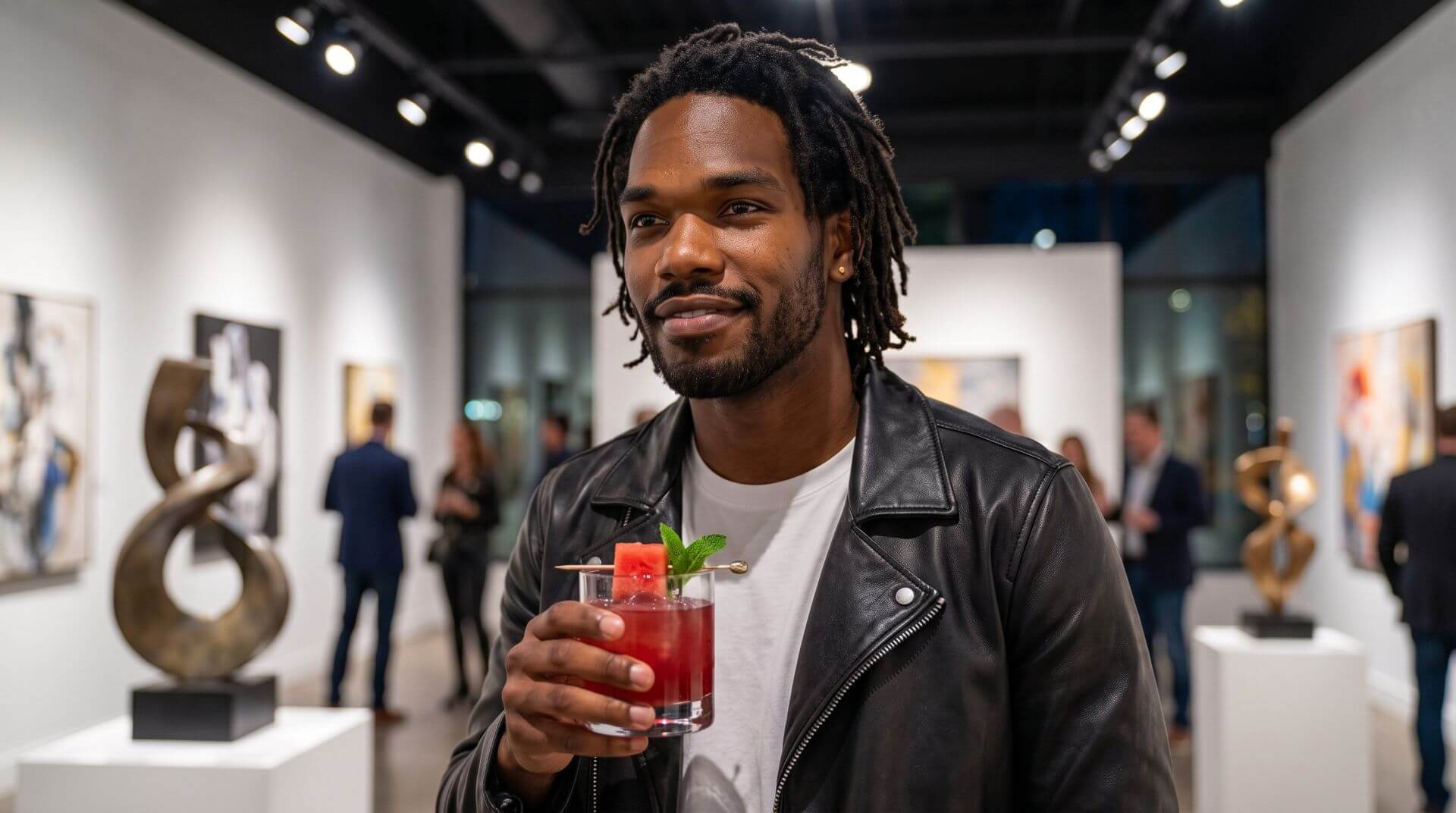 Man inside at an art gallery, smiling and drinking a red cherry lifestyle beverage