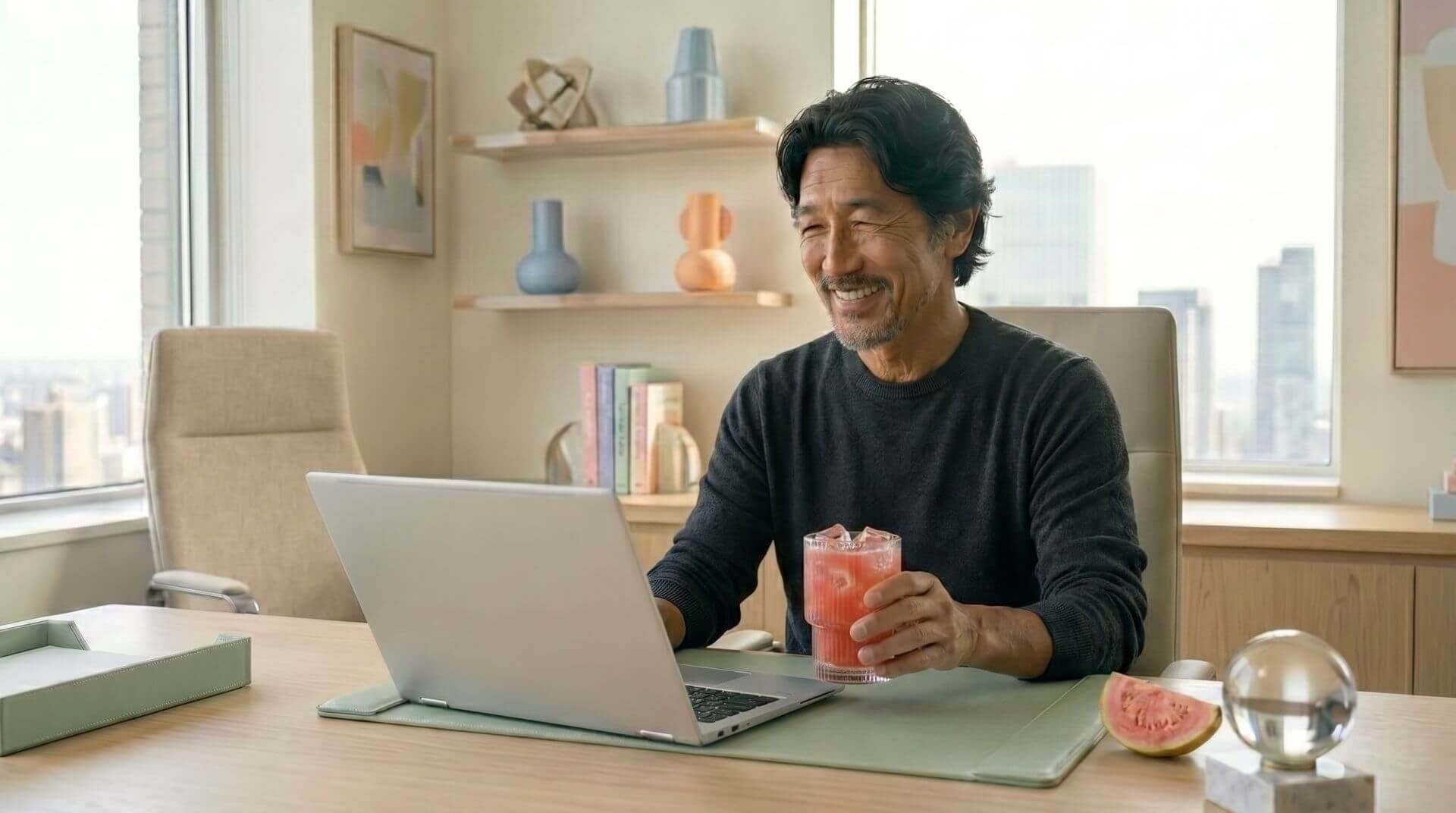 Smiling man sitting at a desk indoors, working and about to drink a pink guava lifestyle beverage