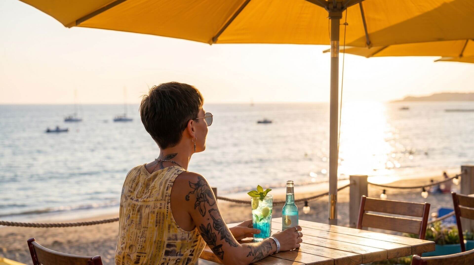 Woman with short hair, sunglasses and tattoos, sitting outside with back turned to camera, looking at the sun over the ocean and drinking a blue beverage