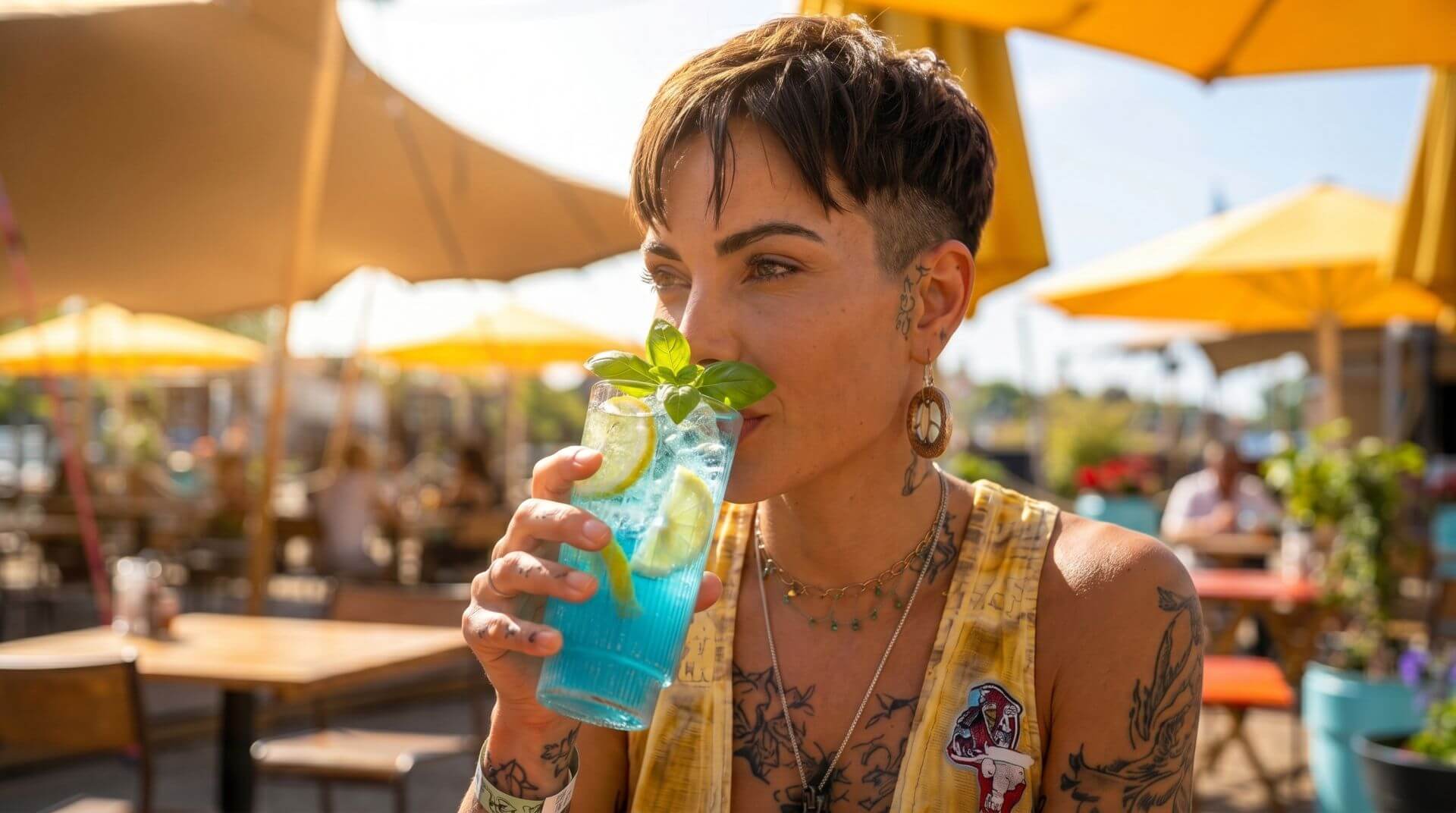 Tattooed and artistic woman drinking blue soda lifestyle beverage outside on a patio