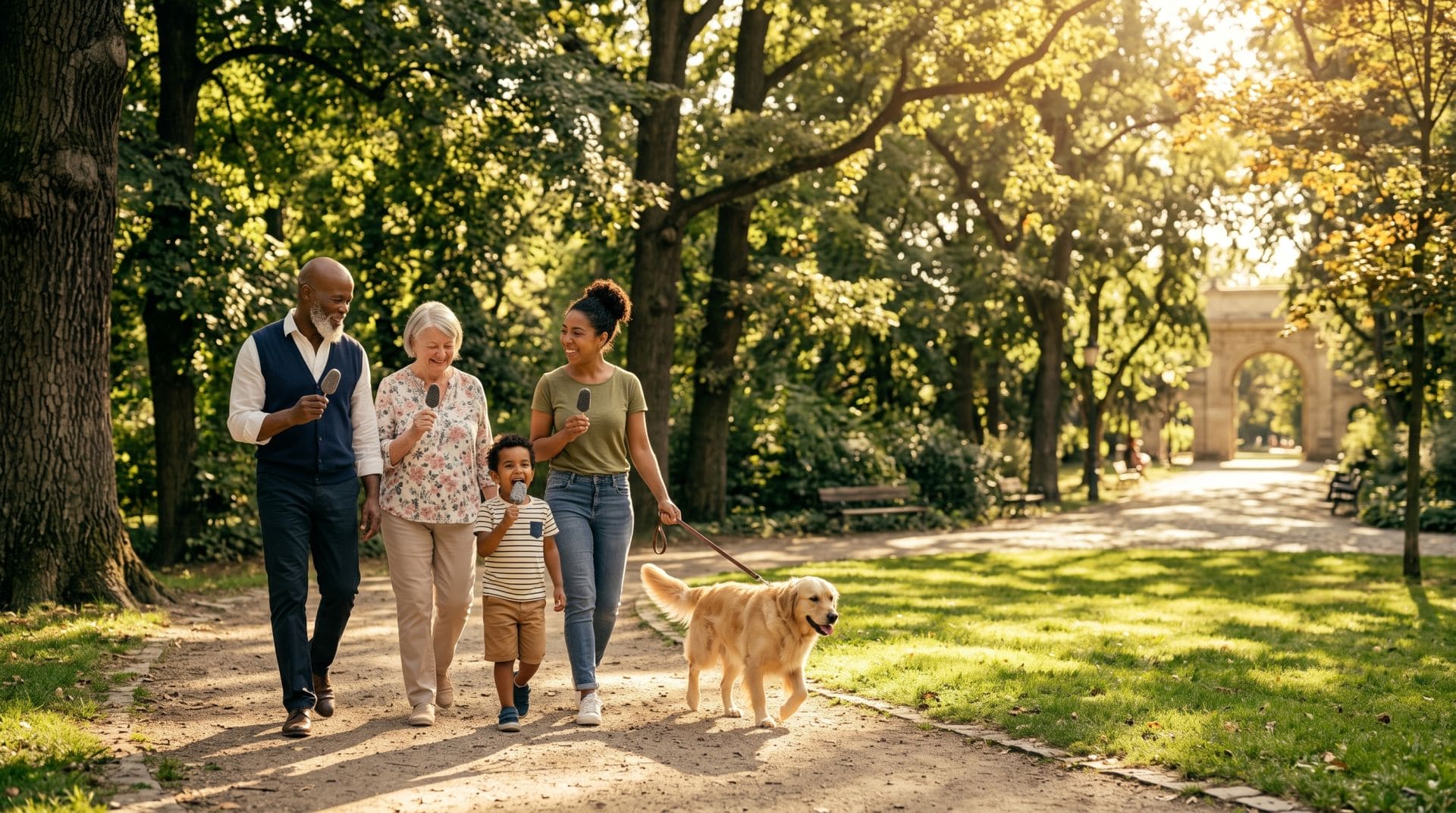 Family members of different life stages walking with their dog in a park and eating dairy products