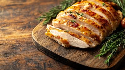A roasted chicken coated in seasoning and flavor, neatly sliced while still in shape, surrounded by garnish and sitting on a wooden cutting board on a lighter-colored wooden table